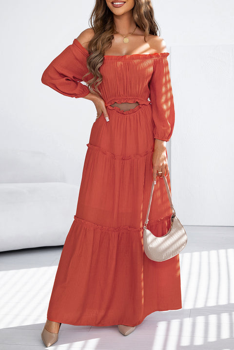 Vanessa: Vivid Orange Off Shoulder Ruffled Maxi Dress