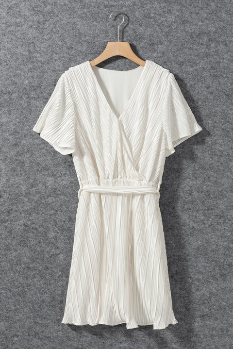 Isabelle: White Flutter Sleeve Wrapped Pleated Sashed Short Dress
