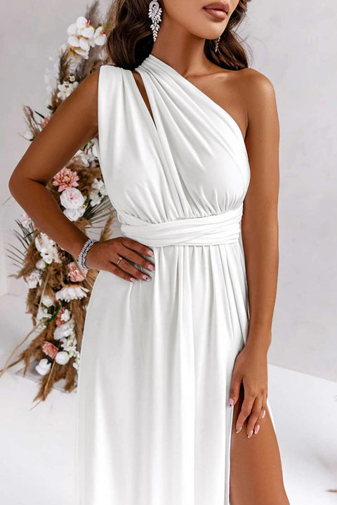 Pure White: Sleeveless Ruched High Split Cutout Back Maxi Dress