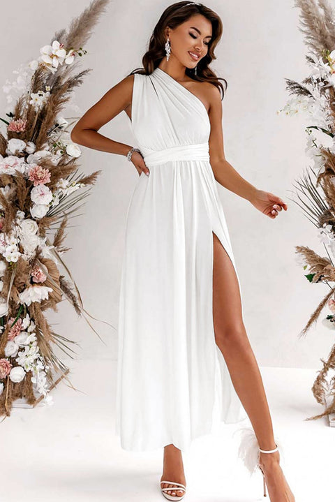 Pure White: Sleeveless Ruched High Split Cutout Back Maxi Dress