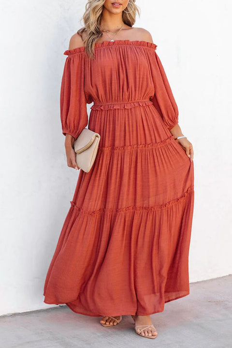 Vanessa: Vivid Orange Off Shoulder Ruffled Maxi Dress