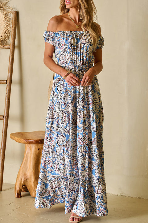 Carmen: Blue Boho Paisley Print Off Shoulder Maxi Dress