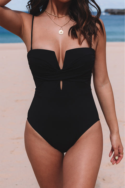 Slay One-Piece: Black Twist Front Open Cut Swimsuit