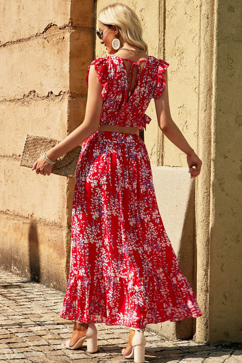 All the flowers: The Floral Ruffled Crop Top & Maxi Skirt Set