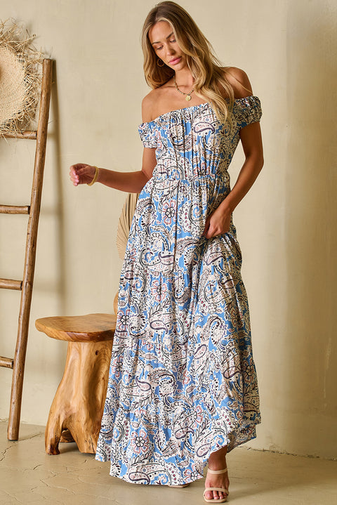Carmen: Blue Boho Paisley Print Off Shoulder Maxi Dress
