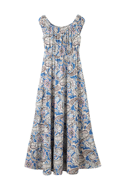 Carmen: Blue Boho Paisley Print Off Shoulder Maxi Dress