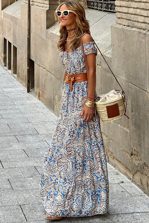 Carmen: Blue Boho Paisley Print Off Shoulder Maxi Dress