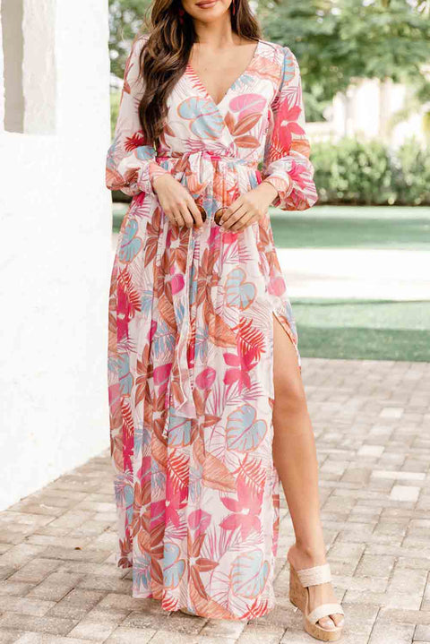 Tropical Paradise: The V-Neck Slit Maxi Dress in Exotic Plant Print