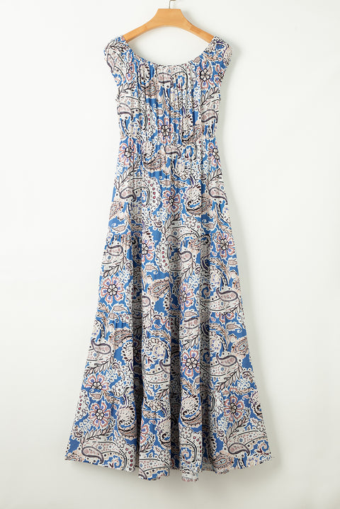 Carmen: Blue Boho Paisley Print Off Shoulder Maxi Dress