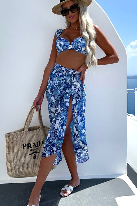 Summer In Greece: White/Blue 3pcs Print  Bikini with Cover up