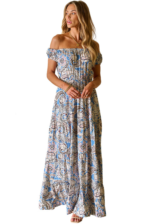 Carmen: Blue Boho Paisley Print Off Shoulder Maxi Dress