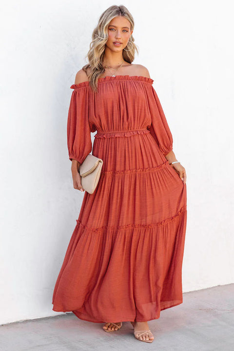 Vanessa: Vivid Orange Off Shoulder Ruffled Maxi Dress