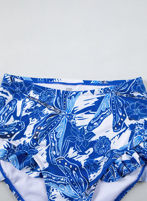 Summer In Greece: White/Blue 3pcs Print  Bikini with Cover up