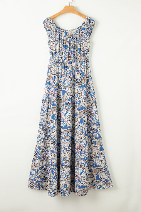 Carmen: Blue Boho Paisley Print Off Shoulder Maxi Dress