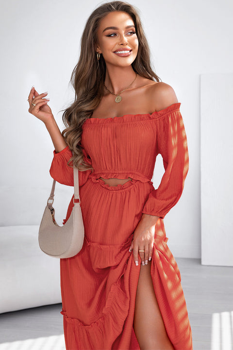 Vanessa: Vivid Orange Off Shoulder Ruffled Maxi Dress