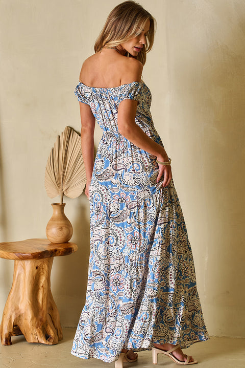 Carmen: Blue Boho Paisley Print Off Shoulder Maxi Dress