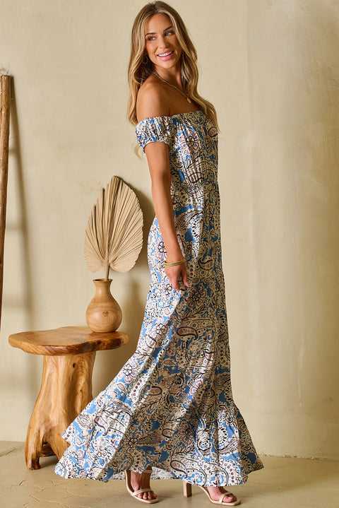 Carmen: Blue Boho Paisley Print Off Shoulder Maxi Dress