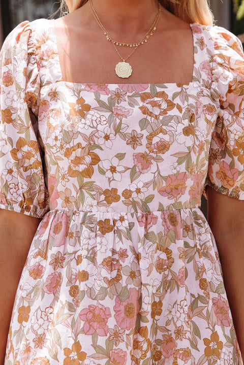 Floral Print Bow Knot Backless Square Neck Mini Dress