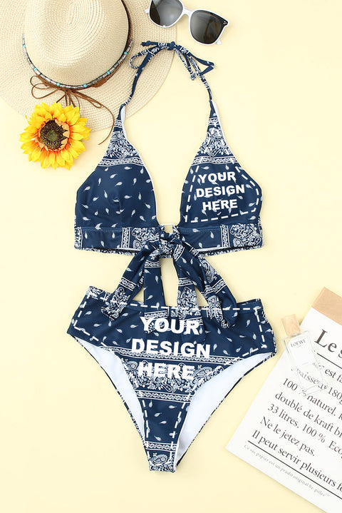 Tri Print Self-tie Halter Neck High Rise Bikini Set
